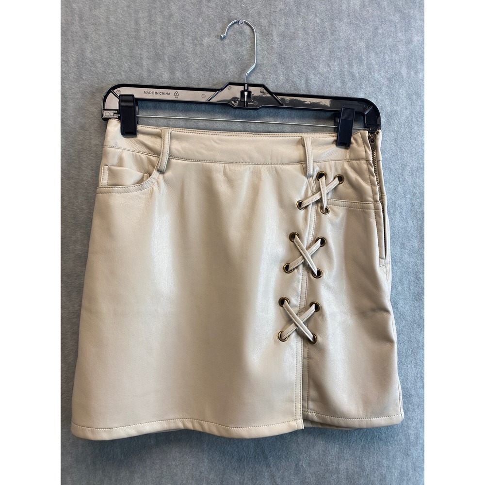 RESET Cream Faux Leather Lace Up Skirt Size S 15" long‎ Pockets Edgy Y2K